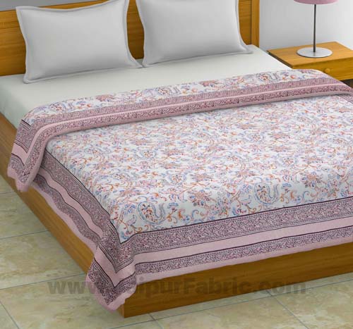 Mulmul Pure Cotton Paisley Floral Ethnic Pink Border Jaipuri Double Bed Dohar