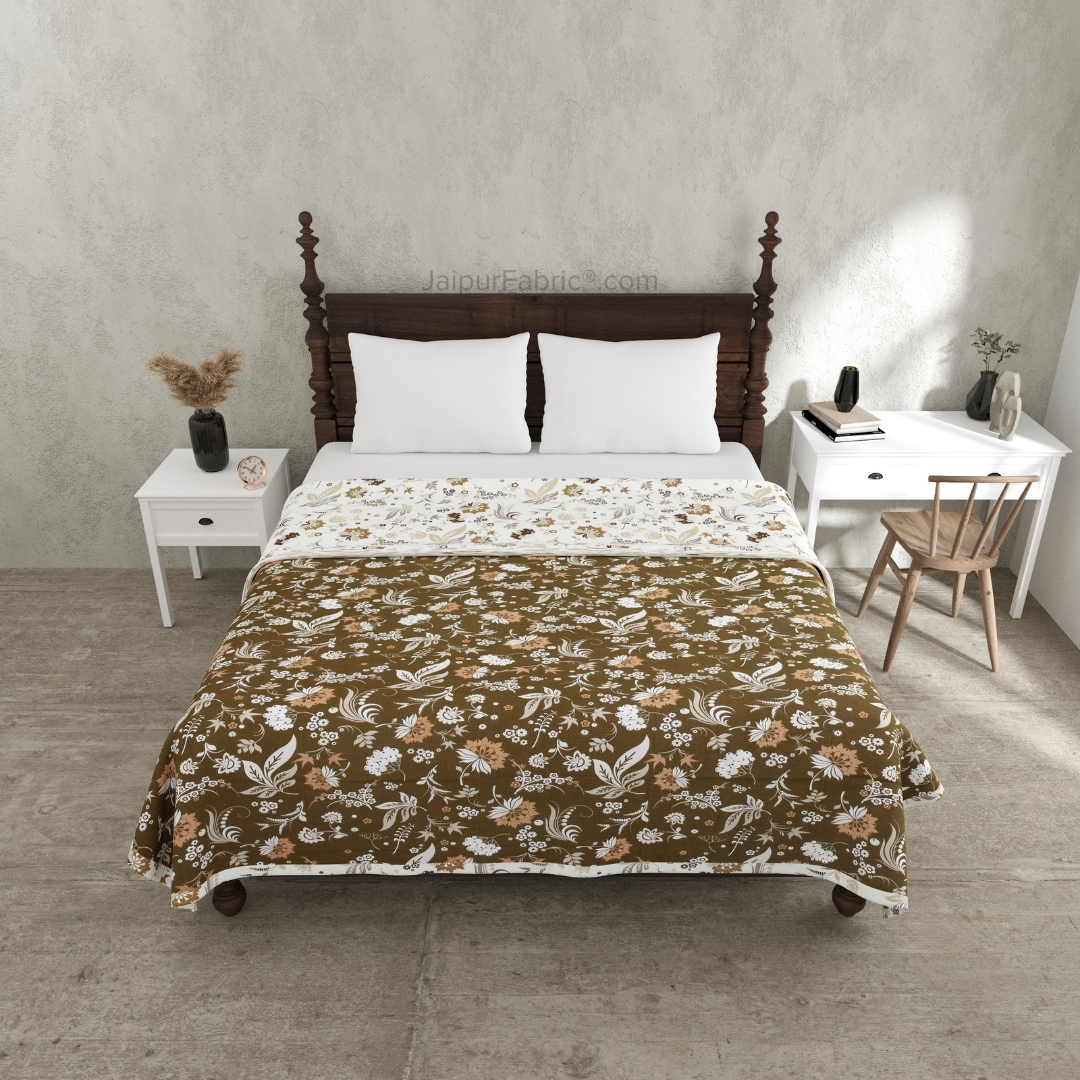 Flowery Spring Brown Cotton Reversible Double Bed Dohar