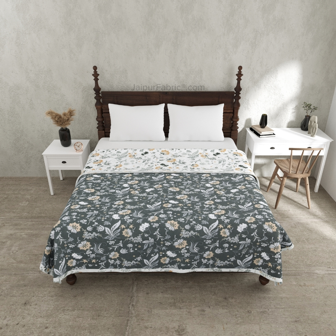 Flowery Spring Grey Cotton Reversible Double Bed Dohar