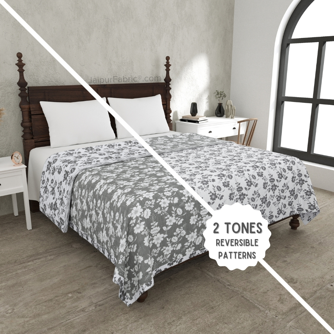 Summer Revival Grey Cotton Reversible Double Bed Dohar