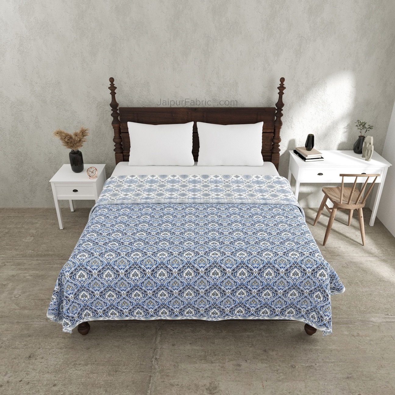 Ocean Whisper Blue and White Cotton Reversible Double Bed Dohar