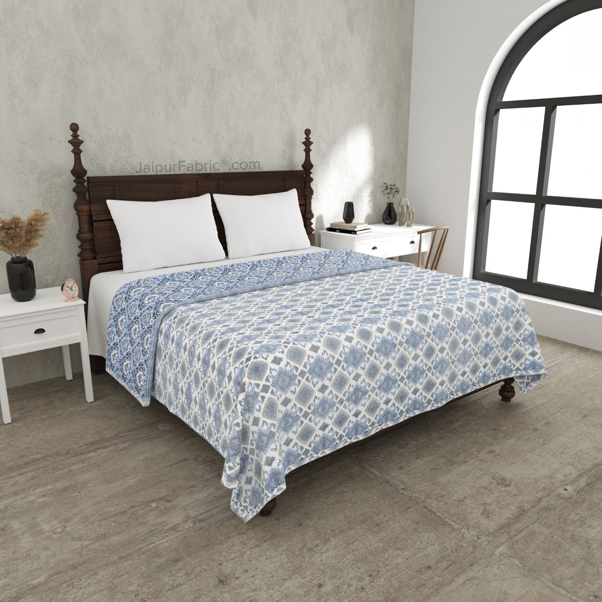 Ocean Whisper Blue and White Cotton Reversible Double Bed Dohar