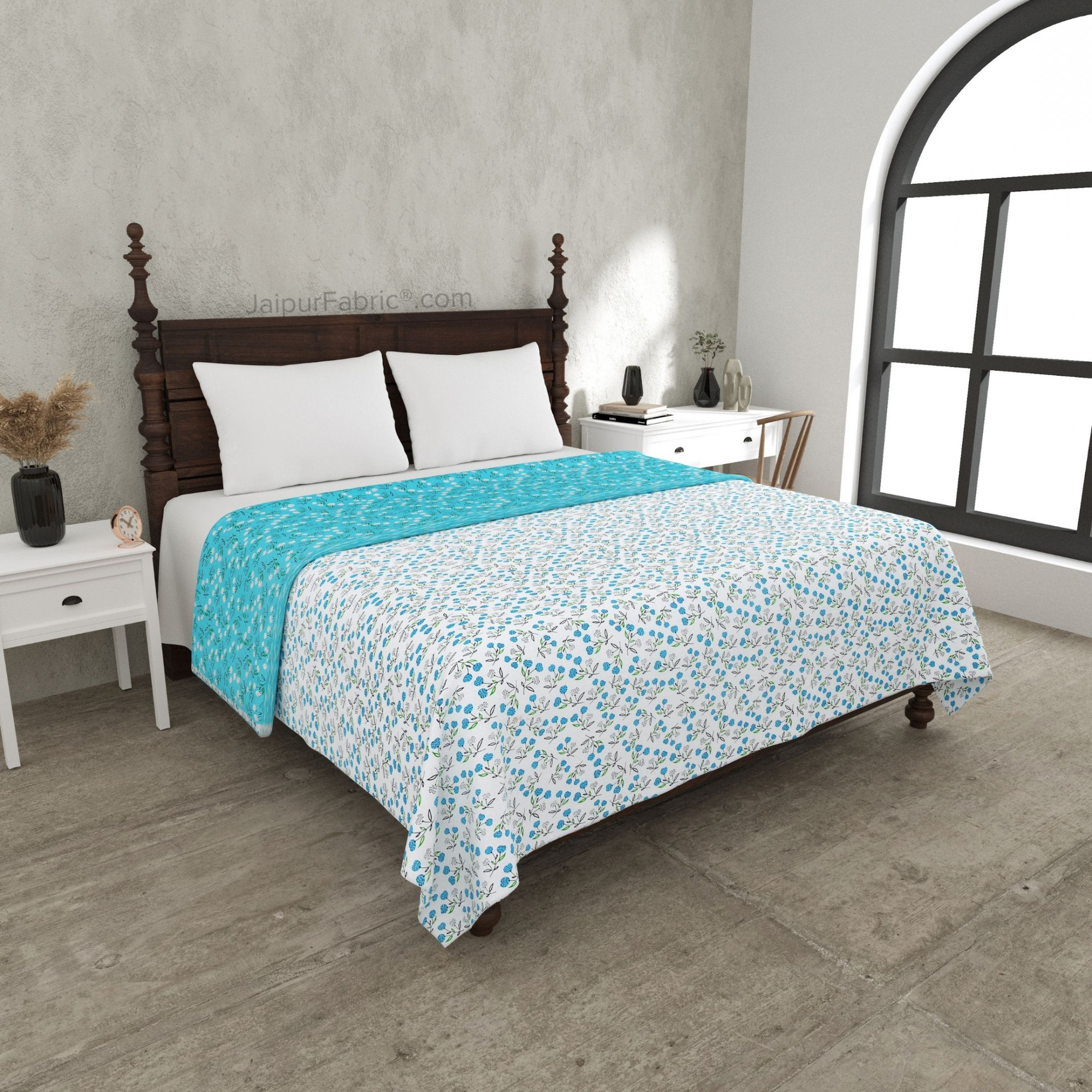 Marine Melody Sea Blue and White Cotton Reversible Double Bed Dohar