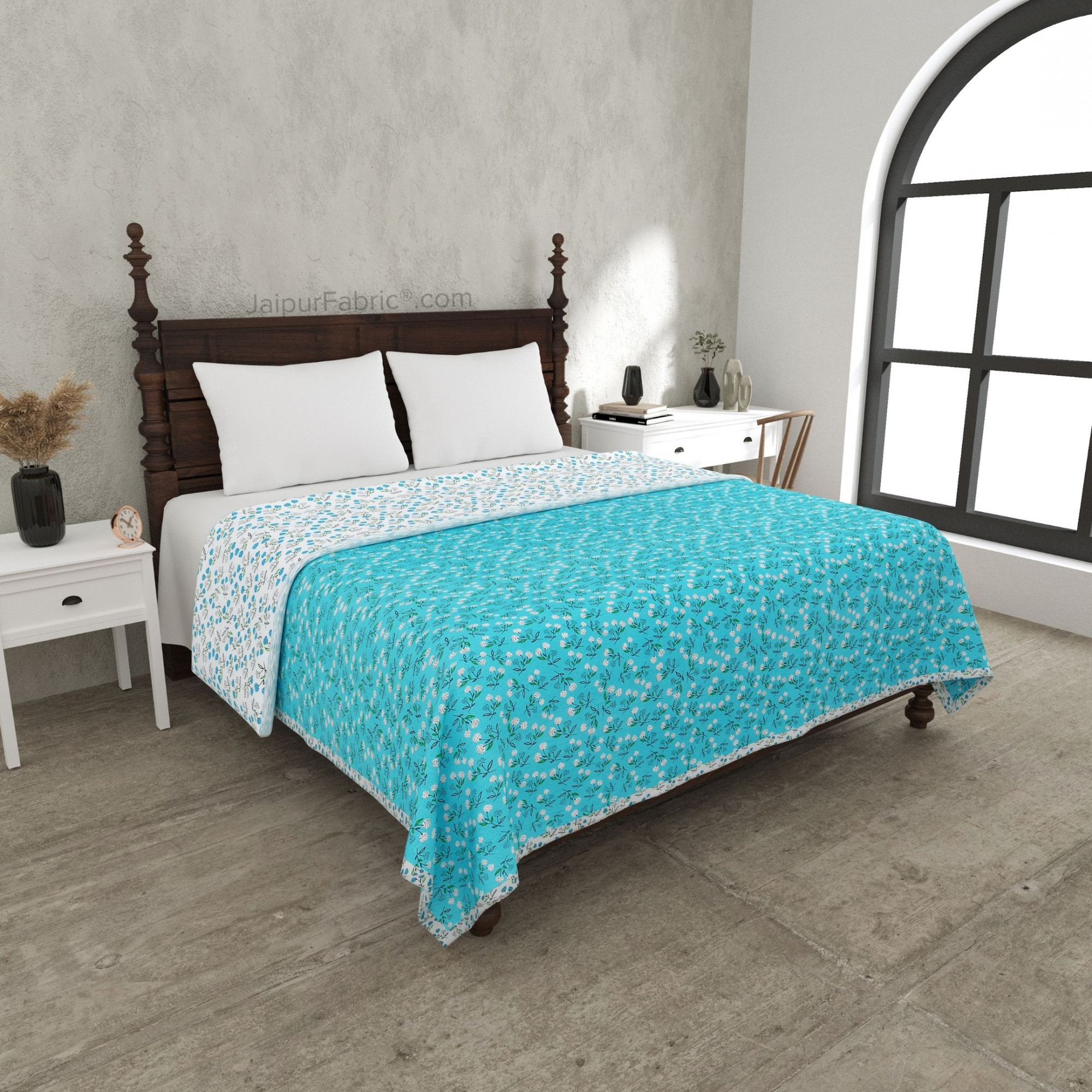 Marine Melody Sea Blue and White Cotton Reversible Double Bed Dohar