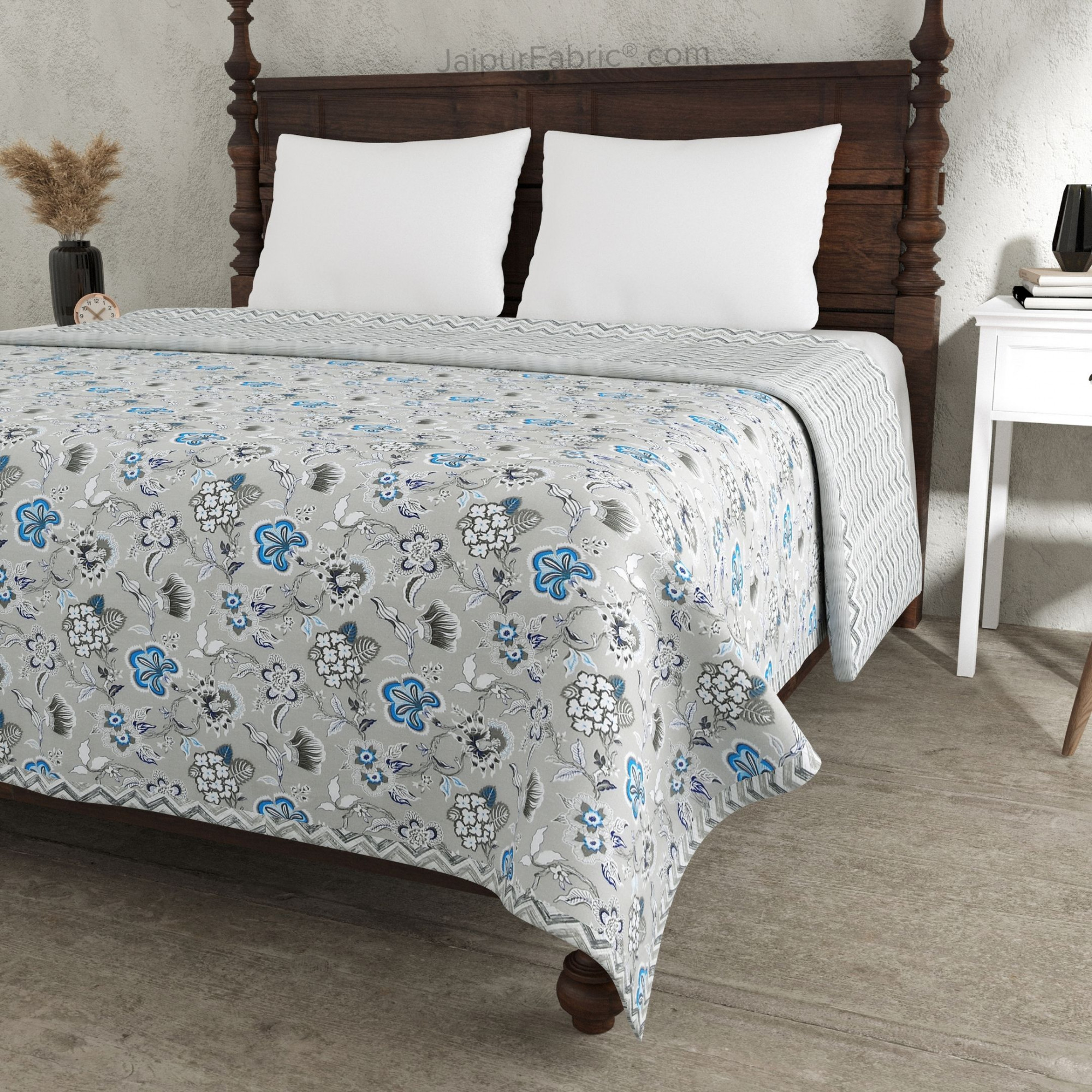 Silver Petals Grey Floral Cotton Reversible Double Bed Dohar