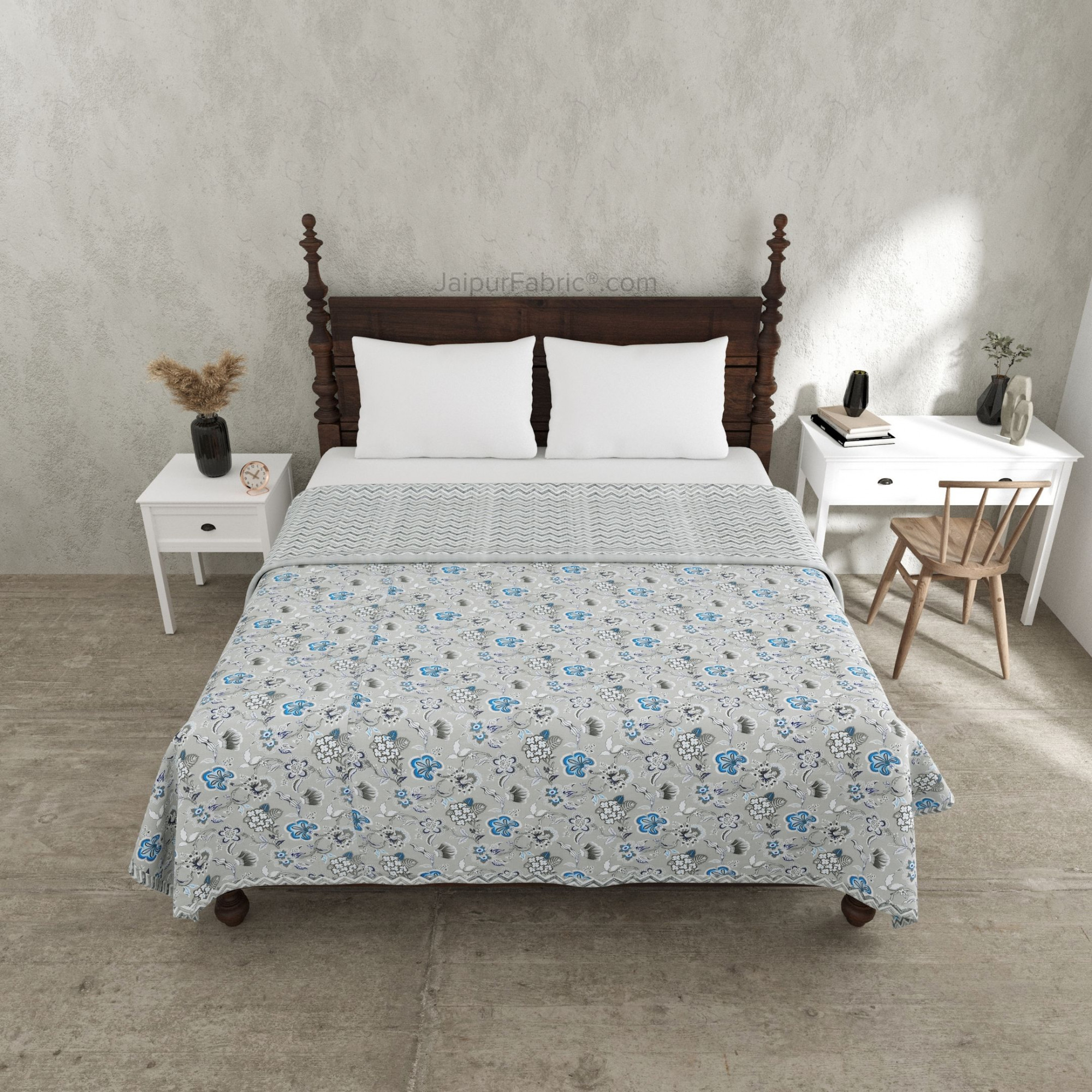 Silver Petals Grey Floral Cotton Reversible Double Bed Dohar