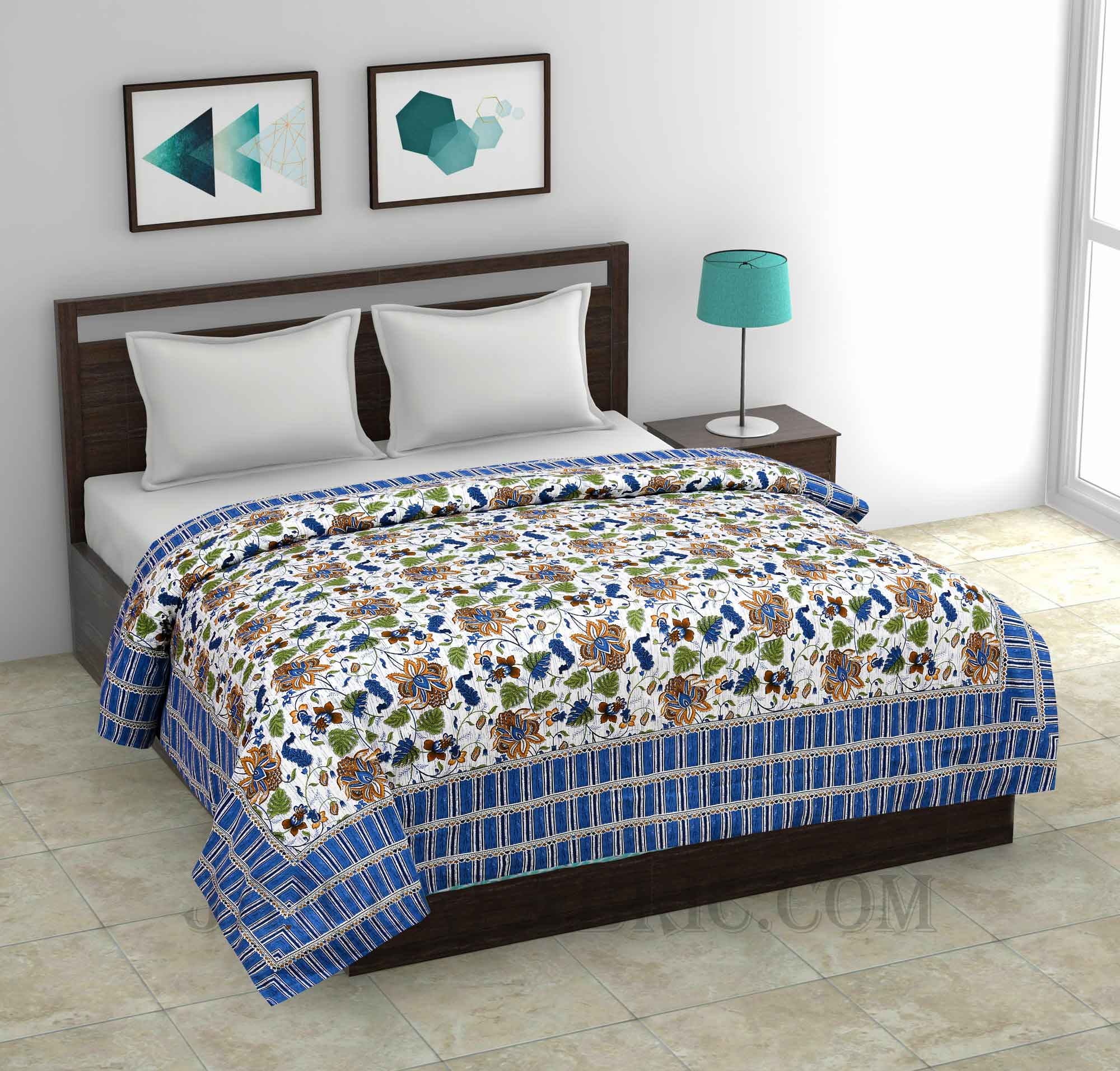 AC Room Aquatic Blue Lily  Pattern 210 GSM Pure Cotton Summer Blanket