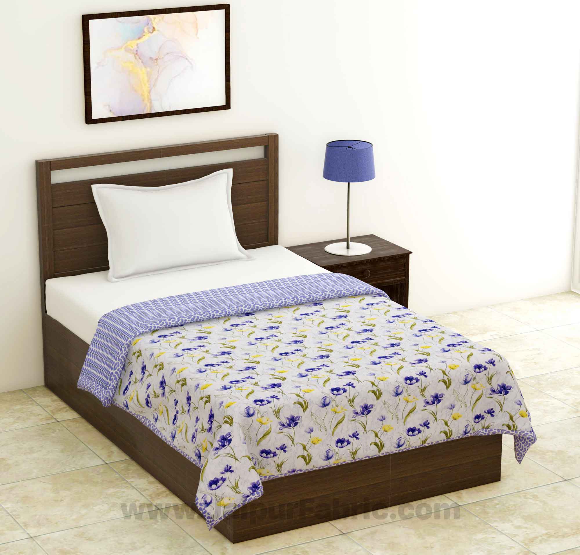 Lightweight Reversible Single Bed Dohar Blue Flower Skin Friendly Pure Cotton MulMul Blanket / AC Comforter / Summer Quilt