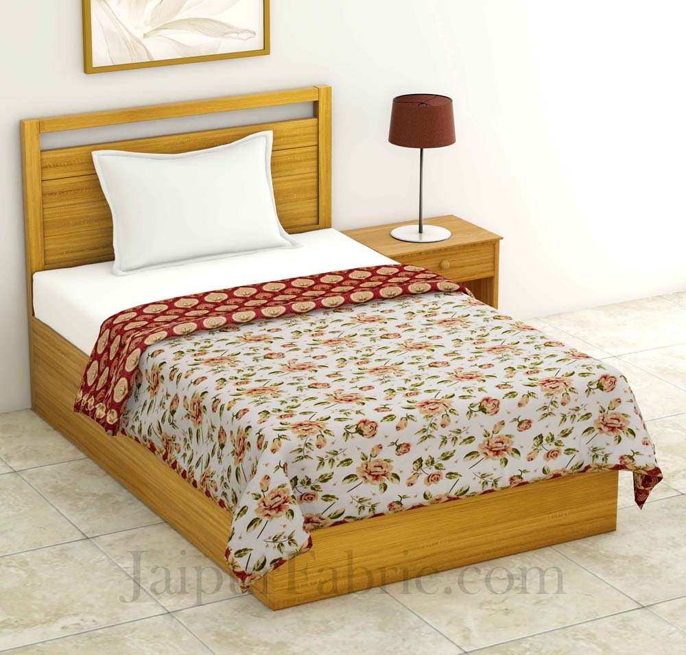 Mulmul Pure Cotton Small Leaf  Creamish Floral Border Jaipuri Single Bed Dohar