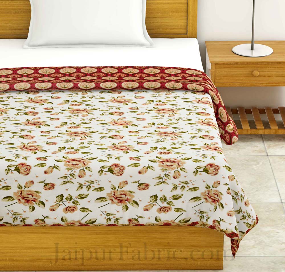 Mulmul Pure Cotton Small Leaf  Creamish Floral Border Jaipuri Single Bed Dohar