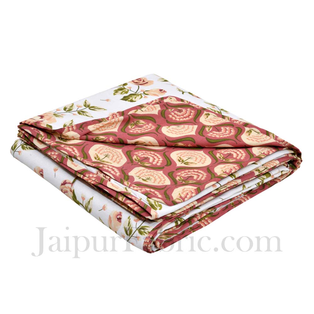 Mulmul Pure Cotton Small Leaf  Creamish Floral Border Jaipuri Single Bed Dohar