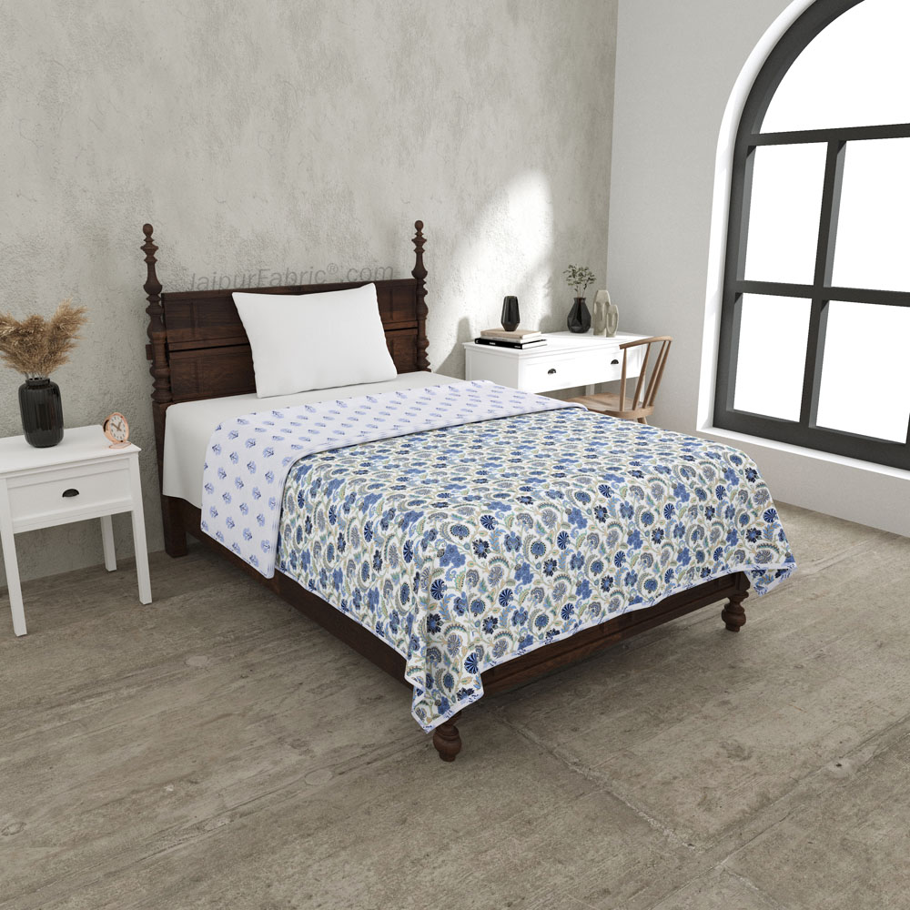 Blue Blossomy Pure Cotton Single Bed Dohar