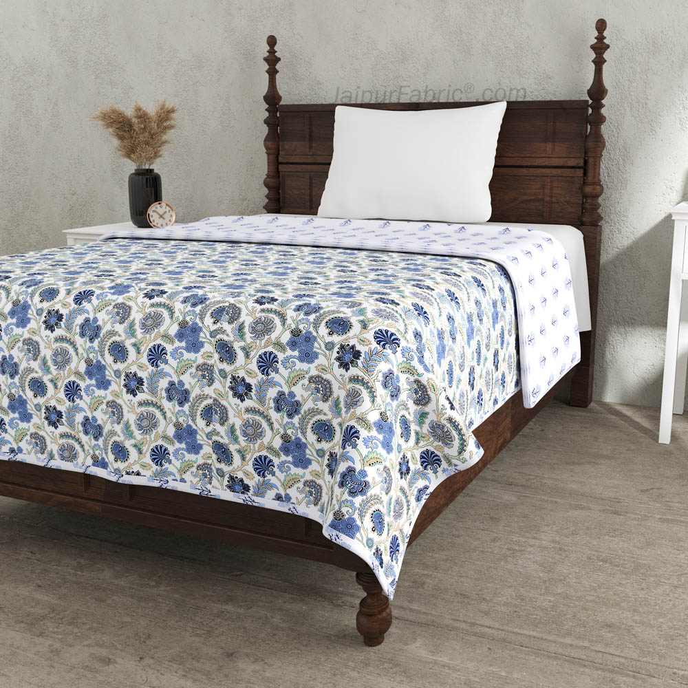 Blue Blossomy Pure Cotton Single Bed Dohar