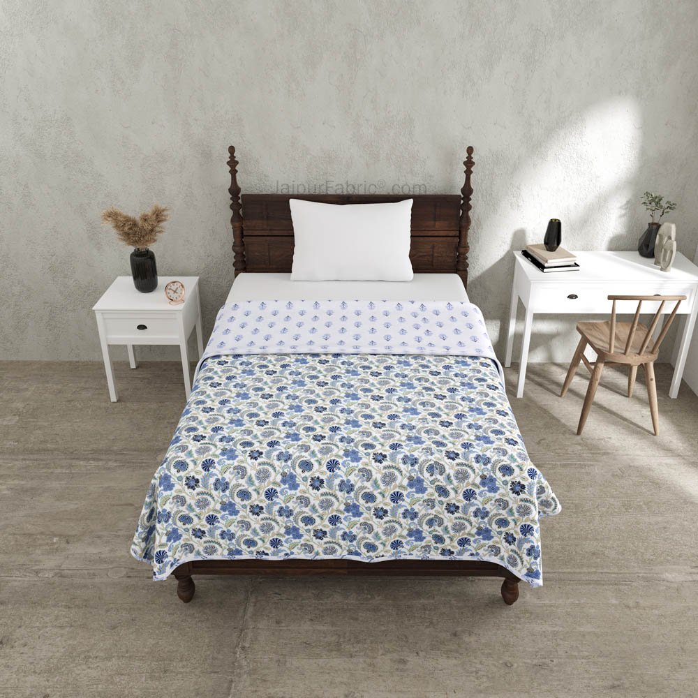 Blue Blossomy Pure Cotton Single Bed Dohar