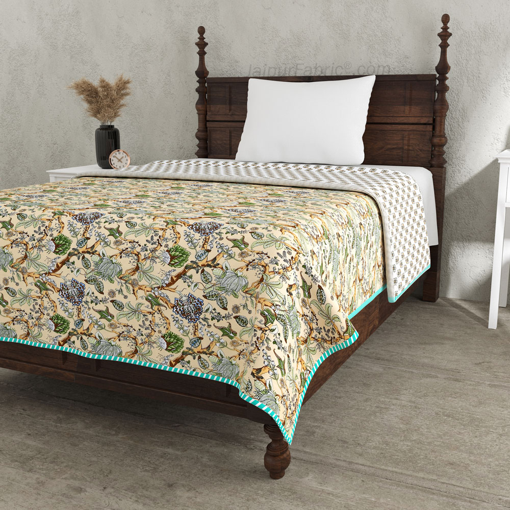 Anokhi Green Pure Cotton Reversible Single Bed AC Quilt Dohar