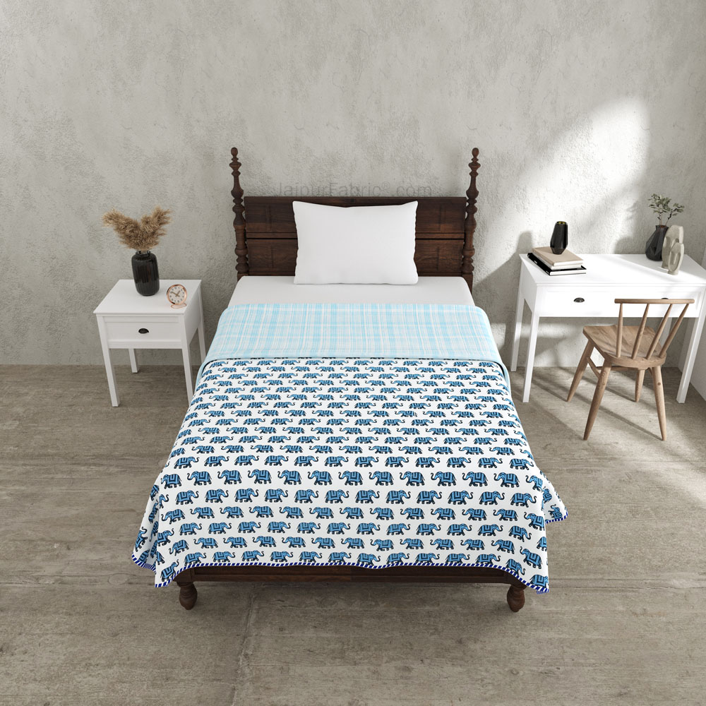 Elephant Print Blue Pure Cotton Reversible Single Bed AC Quilt Dohar