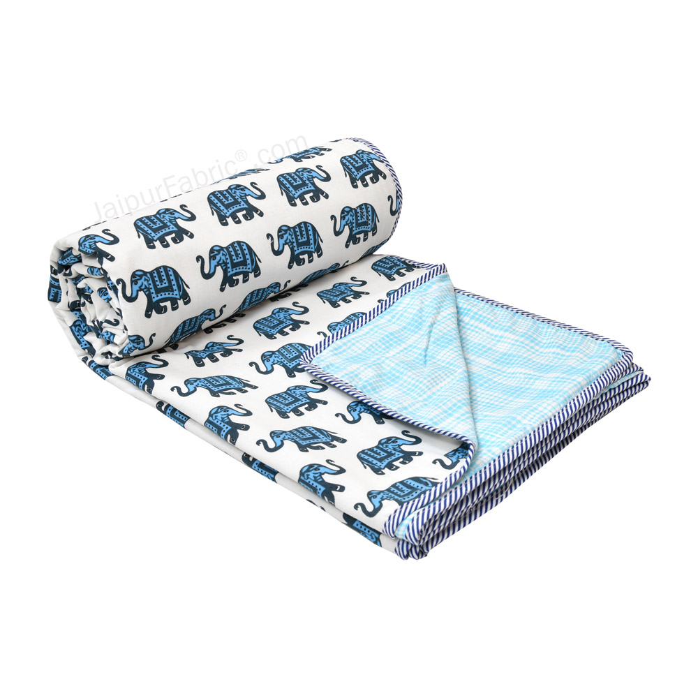 Elephant Print Blue Pure Cotton Reversible Single Bed AC Quilt Dohar