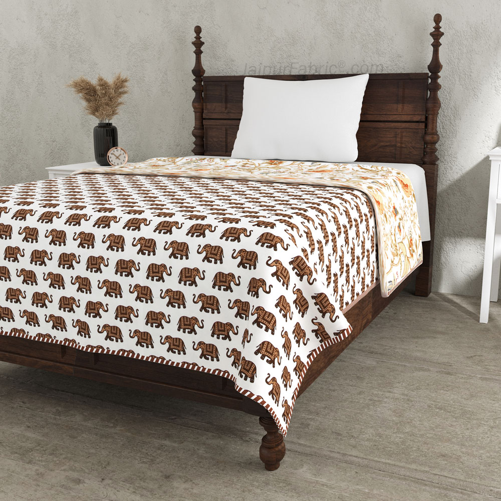 Elephant Print Brown Pure Cotton Reversible Single Bed AC Quilt Dohar