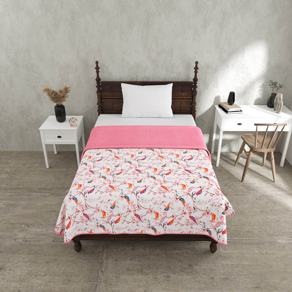 Parakeets Pink Single Bed Dohar Blanket