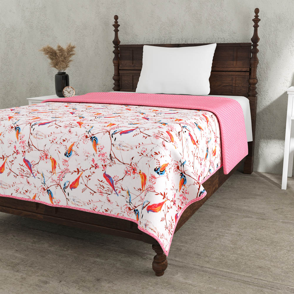 Parakeets Pink Single Bed Dohar Blanket