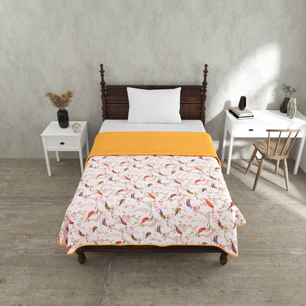 Parakeets Yellow Single Bed Dohar Blanket