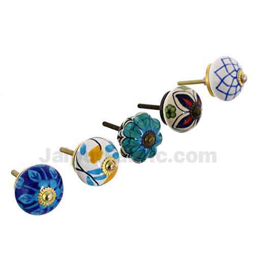 MultiColor Set of 25 Pcs Fabricated Knobs for Doors and Cabinets with Brass Blue Pottery