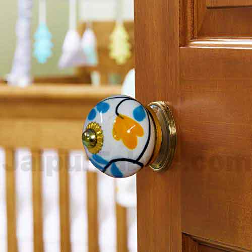 MultiColor Set of 25 Pcs Fabricated Knobs for Doors and Cabinets with Brass Blue Pottery