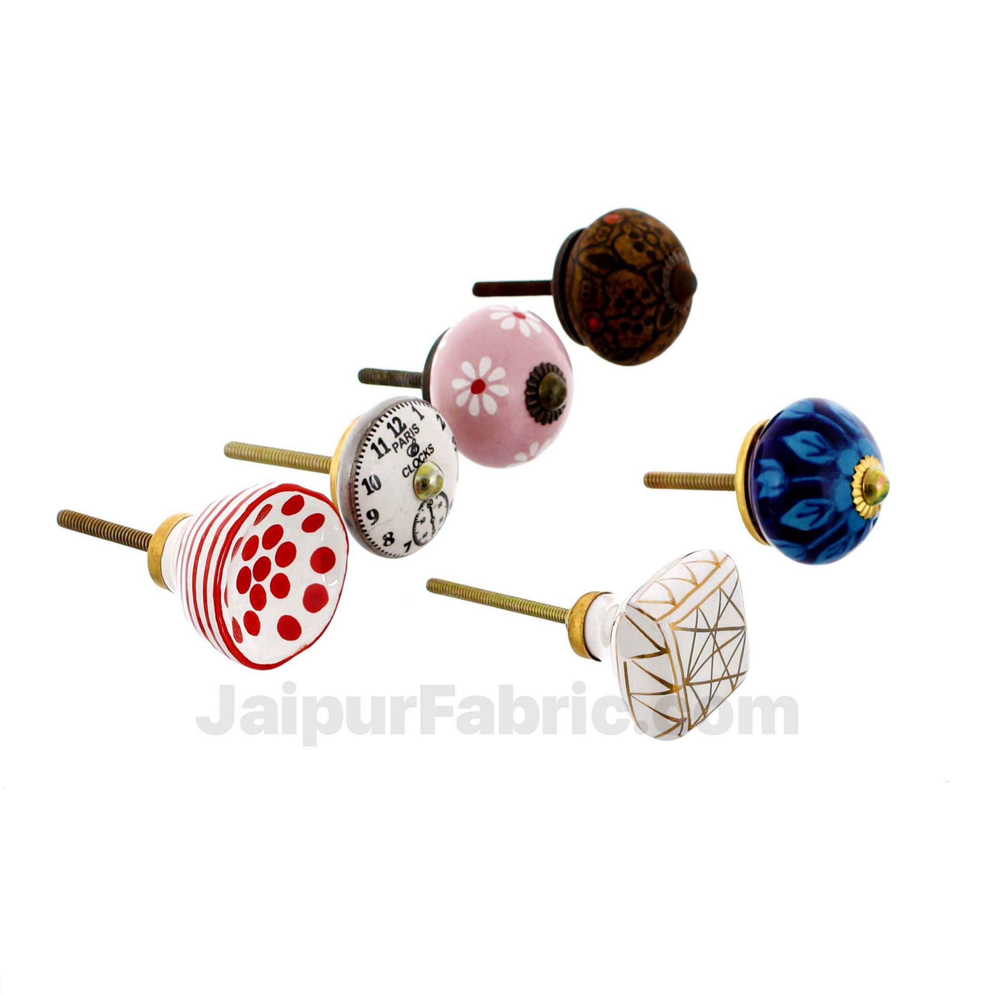 MultiColor Set of 6 Pcs Fabricated Knobs for Doors and Cabinets with Brass Blue Pottery