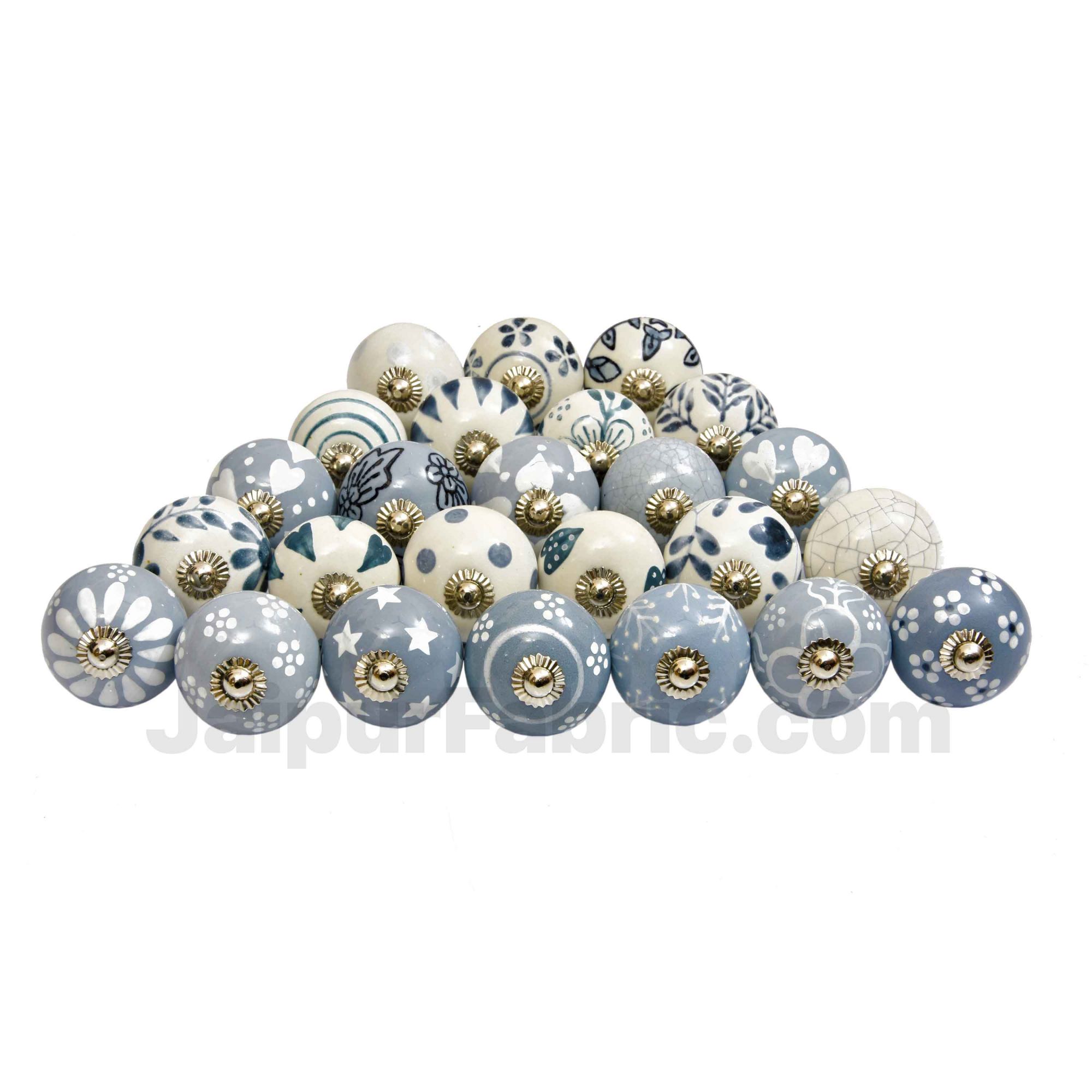 English Ceramic Knob Set of 25 Pcs Fabricated Knobs for Doors and Cabinets with Brass Blue Pottery