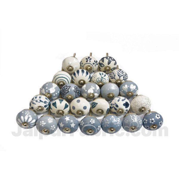 English Ceramic Knob Set of 25 Pcs Fabricated Knobs for Doors and Cabinets with Brass Blue Pottery