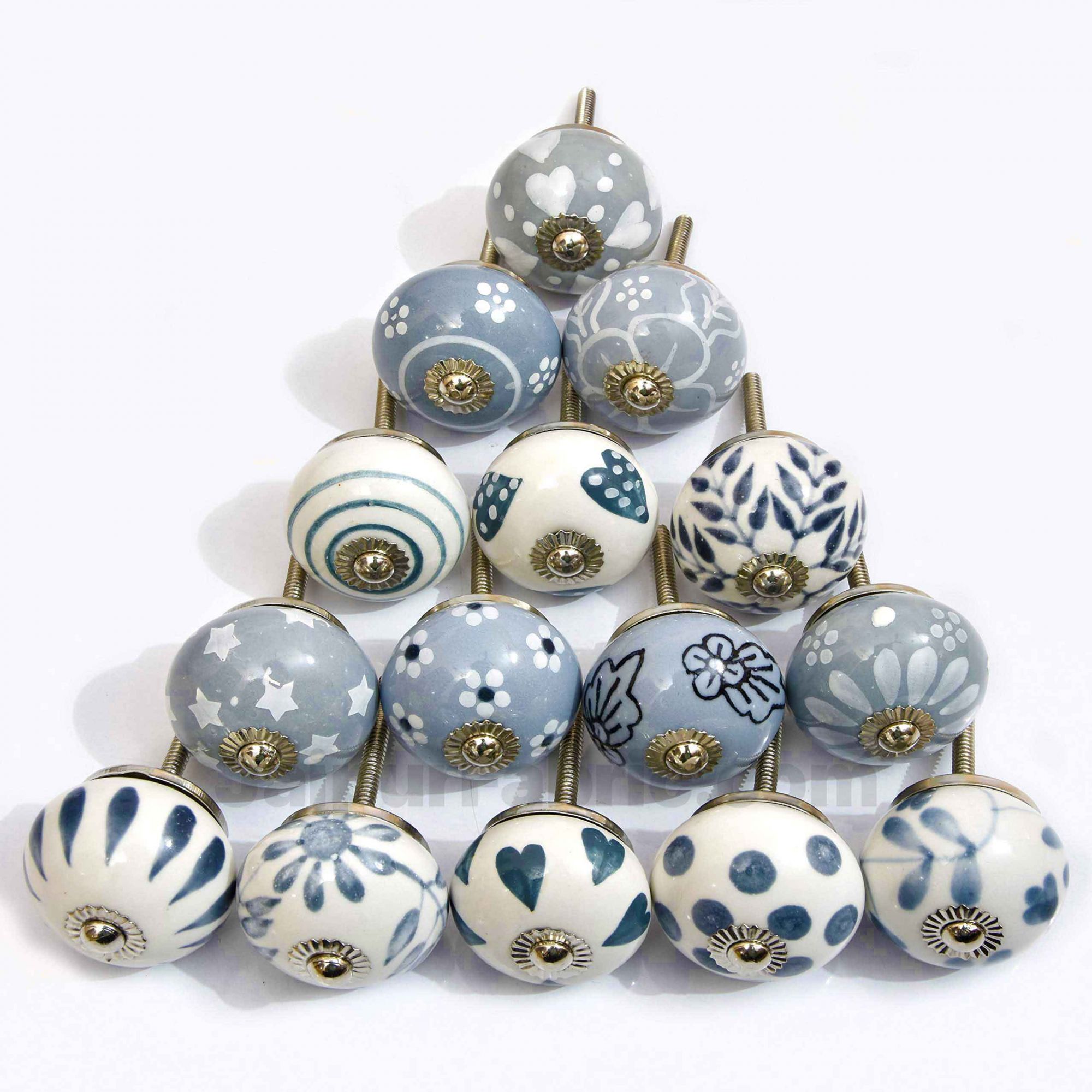 English Ceramic Knob Set of 15 Pcs Fabricated Knobs for Doors and Cabinets with Brass Blue Pottery