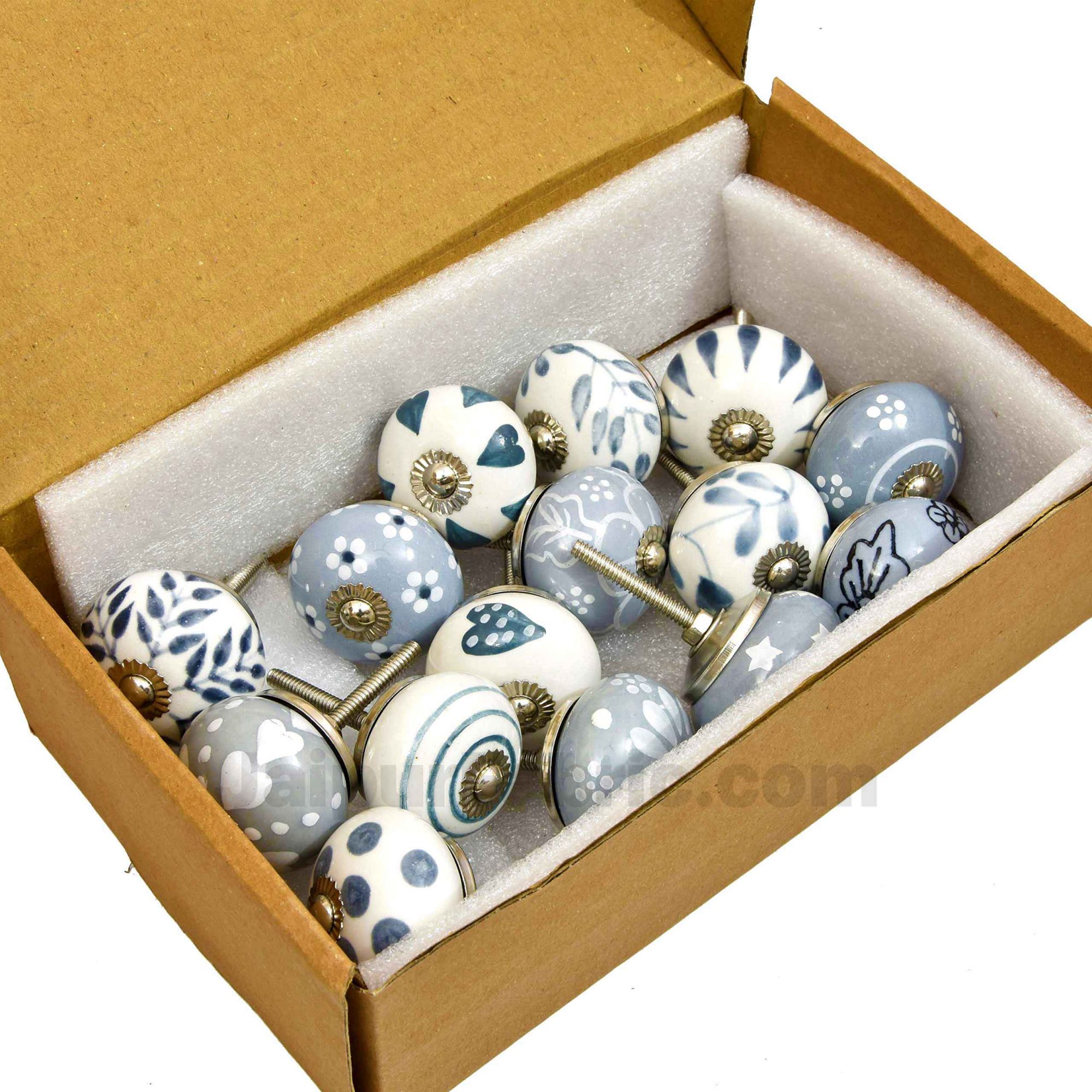 English Ceramic Knob Set of 15 Pcs Fabricated Knobs for Doors and Cabinets with Brass Blue Pottery