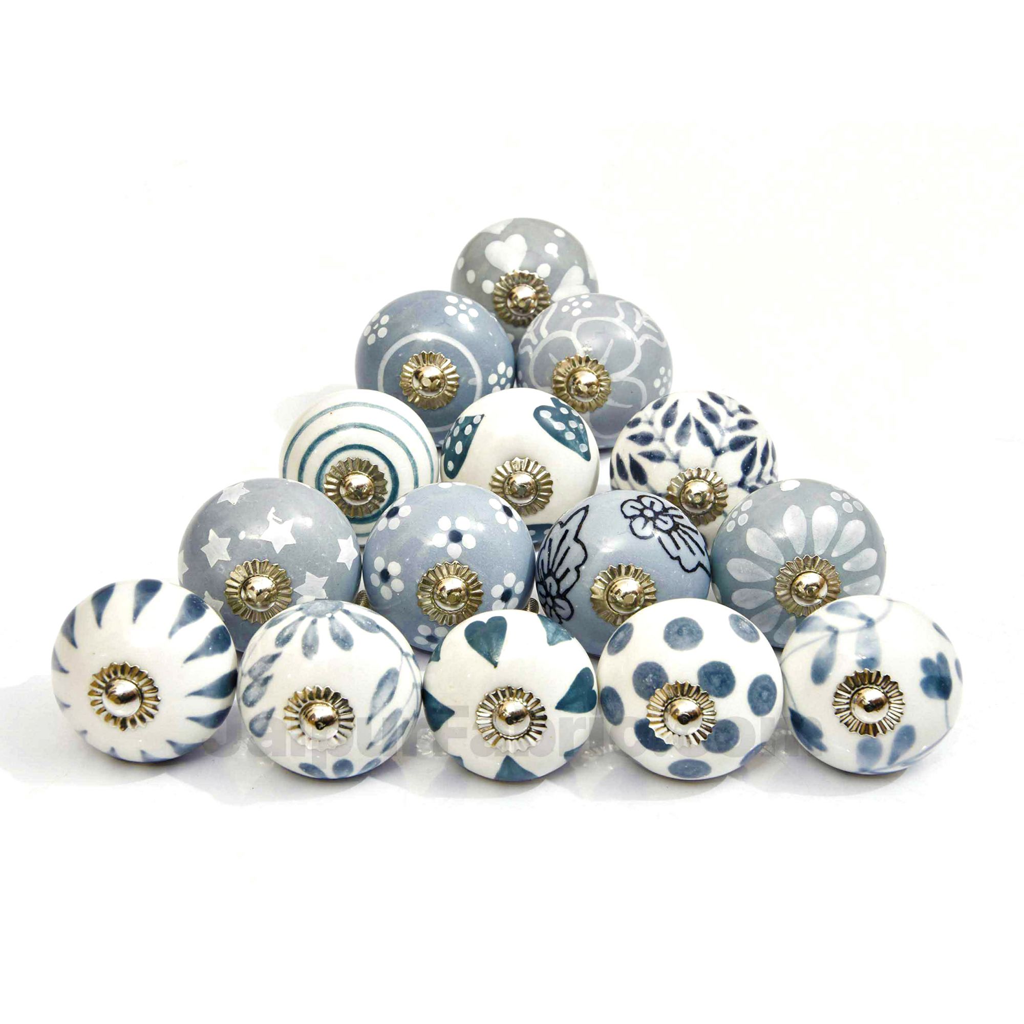 English Ceramic Knob Set of 15 Pcs Fabricated Knobs for Doors and Cabinets with Brass Blue Pottery