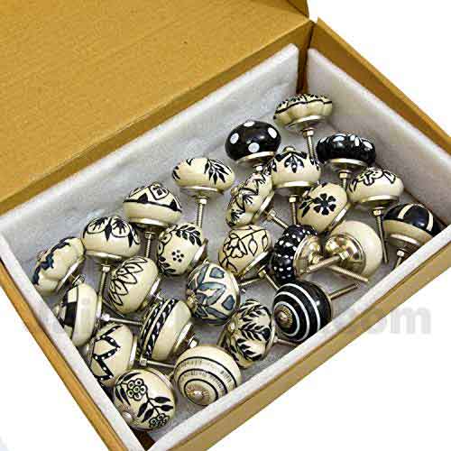 Black & White Set of 25 Pcs Fabricated Knobs for Doors and Cabinets with Brass Blue Pottery