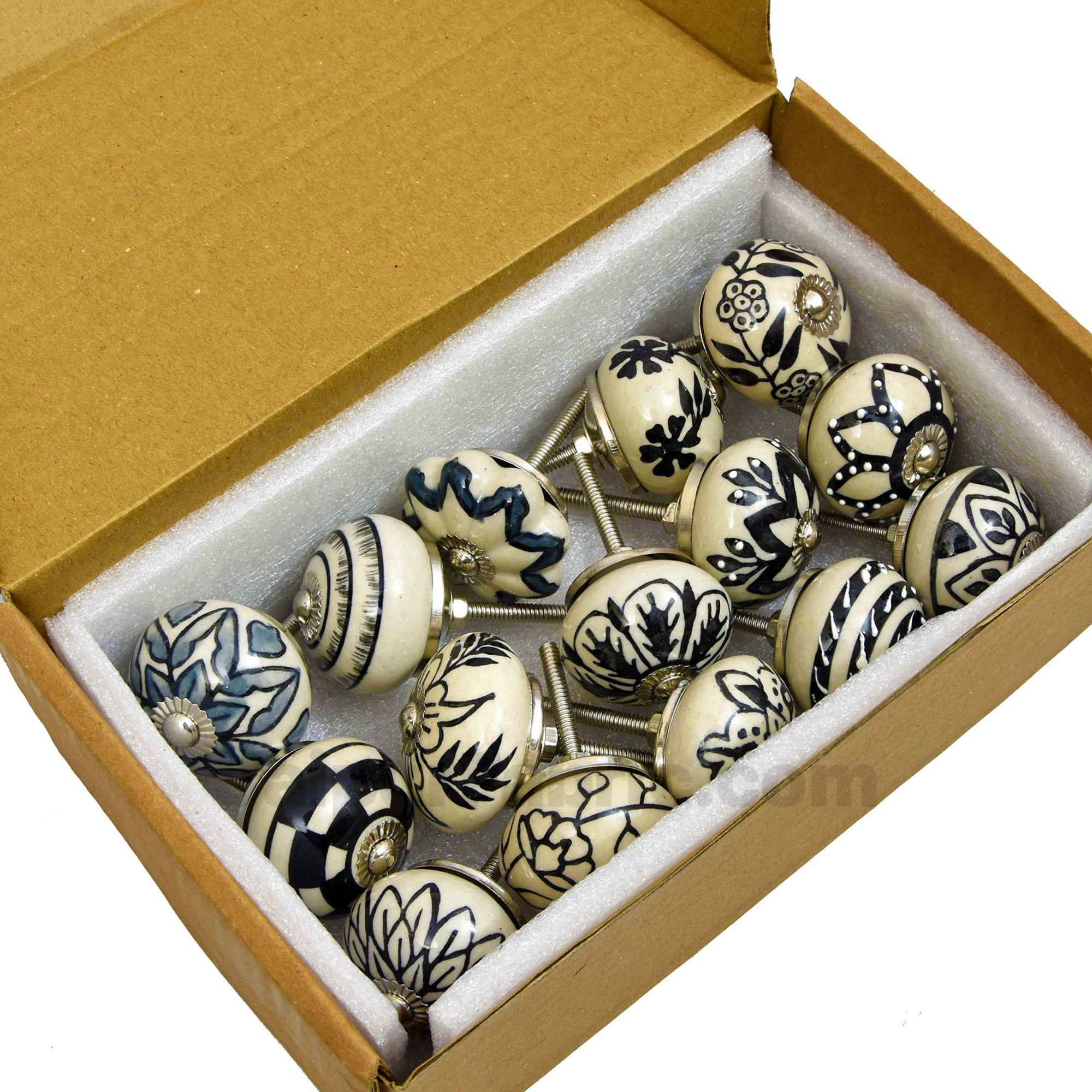 Black & White Set of 15 Pcs Fabricated Knobs for Doors and Cabinets with Brass Blue Pottery