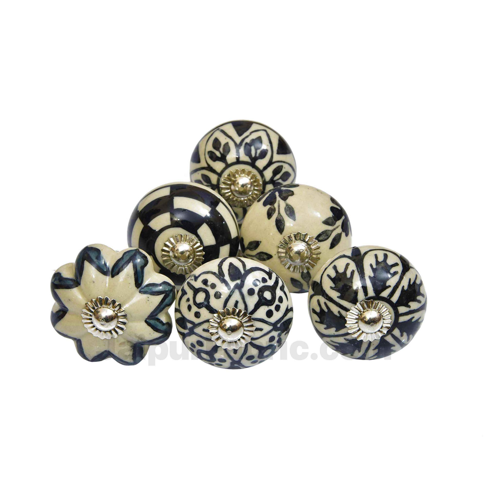 Black & White Set of 6 Pcs Fabricated Knobs for Doors and Cabinets with Brass Blue Pottery