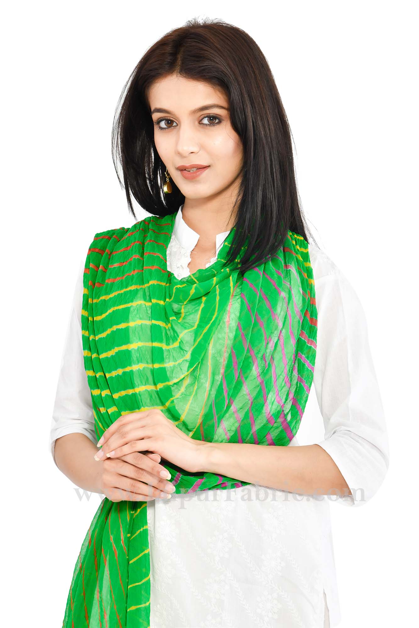 Lehariya Chiffon Green Jaipuri Rajasthani Bandhni Bandhej Dupatta Chunni