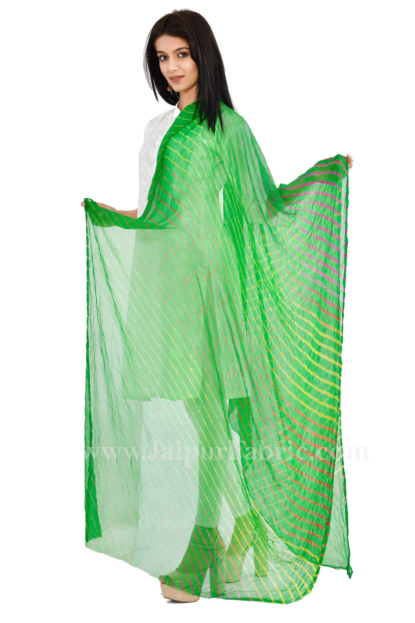 Lehariya Chiffon Green Jaipuri Rajasthani Bandhni Bandhej Dupatta Chunni