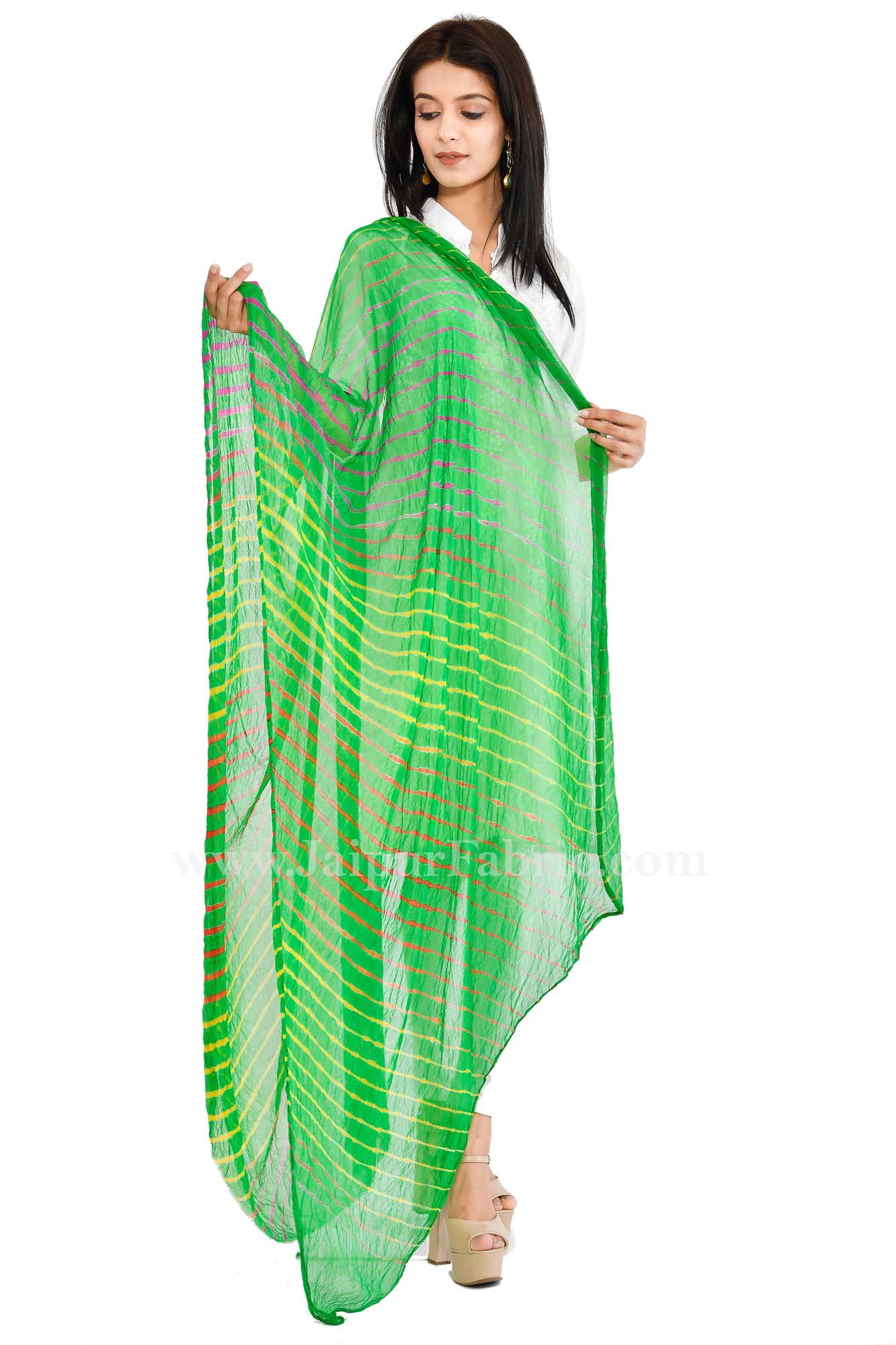 Lehariya Chiffon Green Jaipuri Rajasthani Bandhni Bandhej Dupatta Chunni