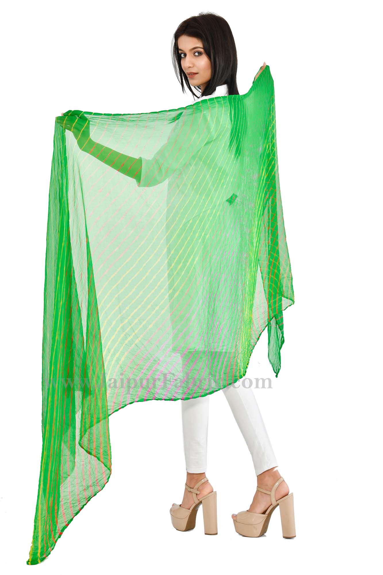 Lehariya Chiffon Green Jaipuri Rajasthani Bandhni Bandhej Dupatta Chunni