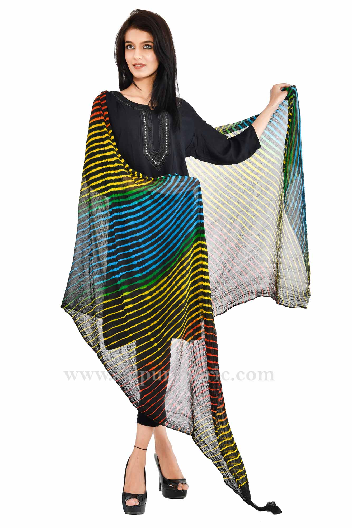 Lehariya Chiffon Black Jaipuri Rajasthani Bandhni Bandhej Dupatta Chunni