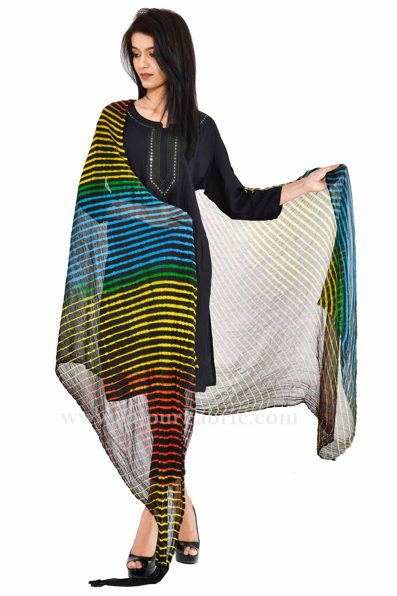 Lehariya Chiffon Black Jaipuri Rajasthani Bandhni Bandhej Dupatta Chunni