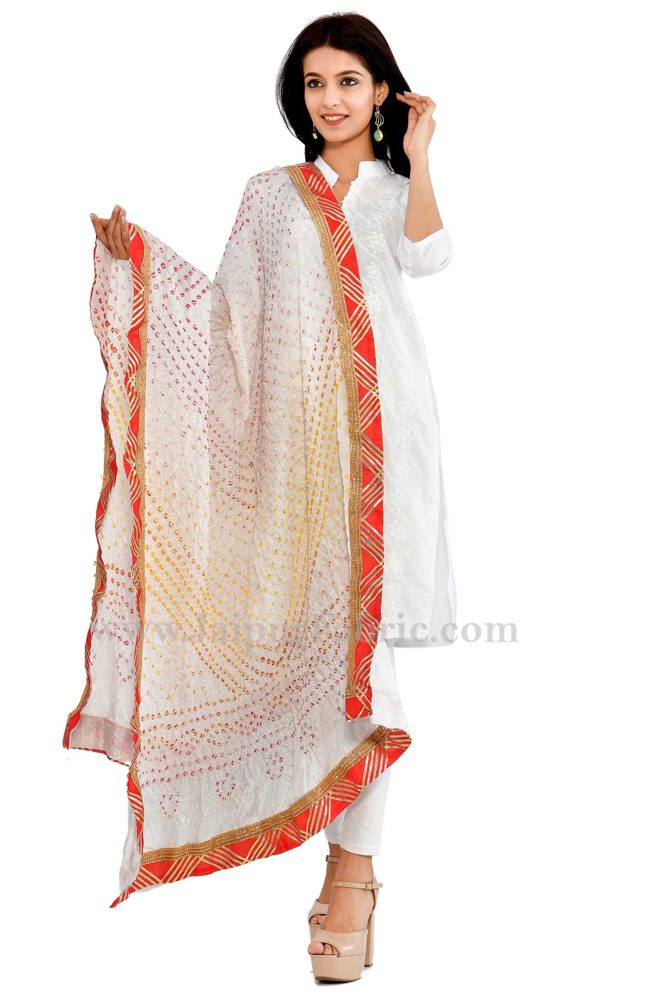 Magji Border White Art silk Jaipuri Rajasthani Bandhni Bandhej Multi-Colored Heavy Dupatta Chunni