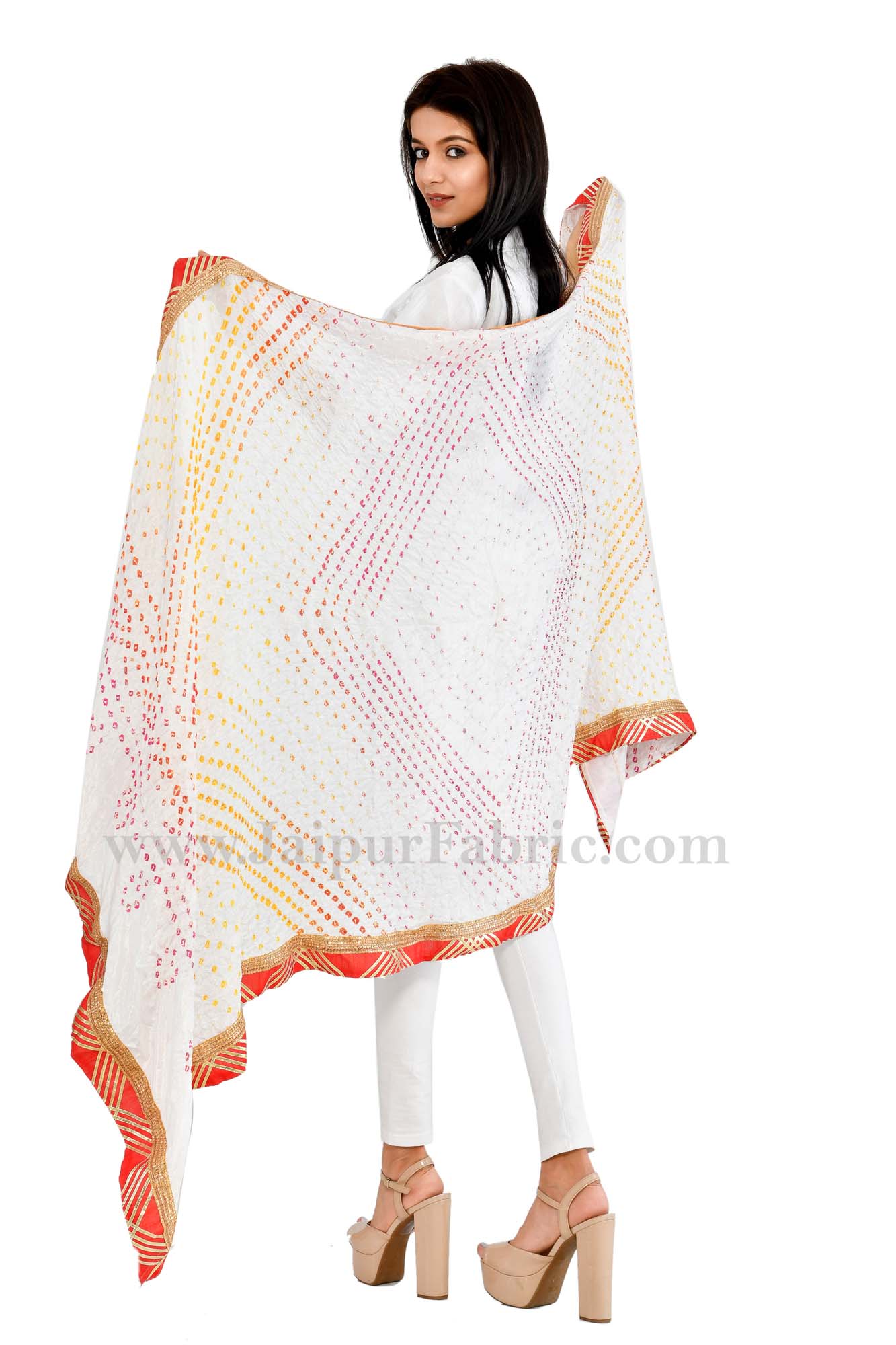 Magji Border White Art silk Jaipuri Rajasthani Bandhni Bandhej Multi-Colored Heavy Dupatta Chunni