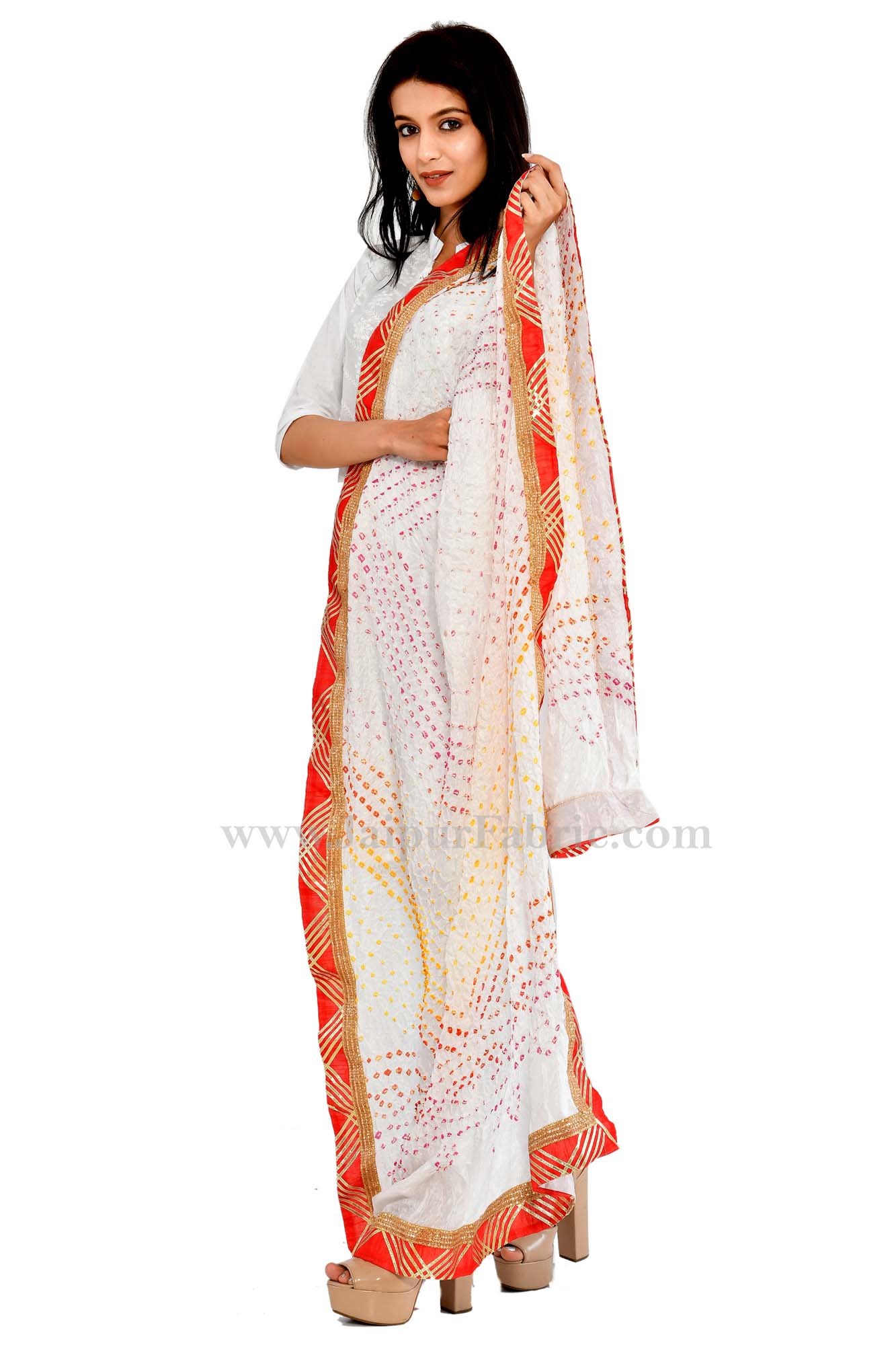 Magji Border White Art silk Jaipuri Rajasthani Bandhni Bandhej Multi-Colored Heavy Dupatta Chunni