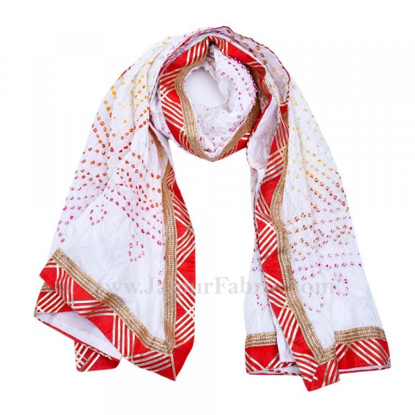 Magji Border White Art silk Jaipuri Rajasthani Bandhni Bandhej Multi-Colored Heavy Dupatta Chunni