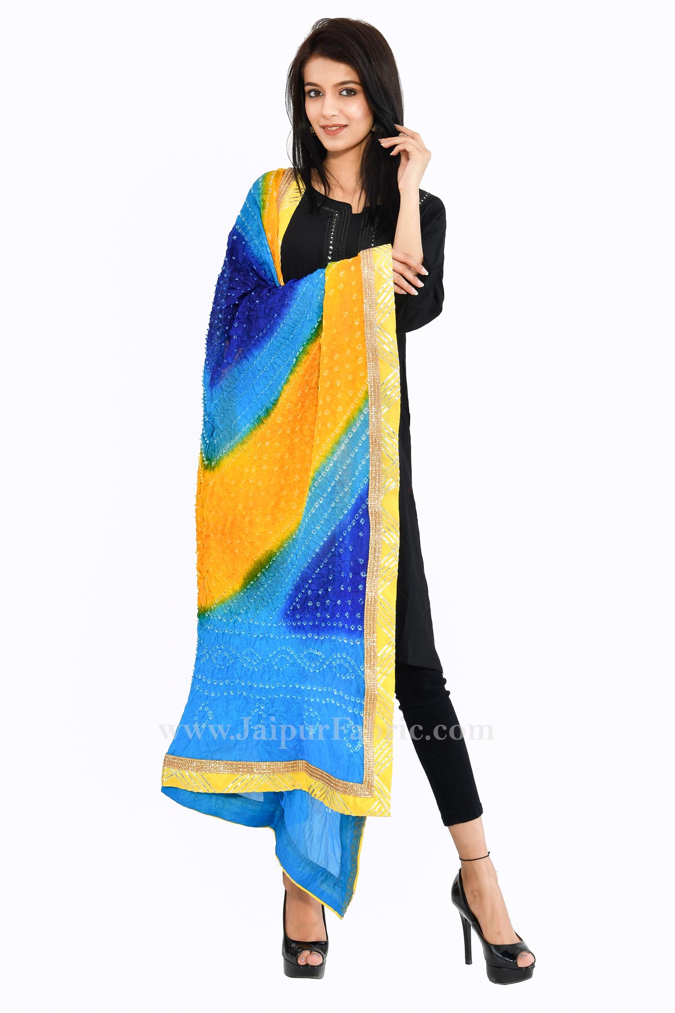 Magji Border Multi color Art silk Jaipuri Rajasthani Bandhni Bandhej Multi-Colored Heavy Dupatta Chunni