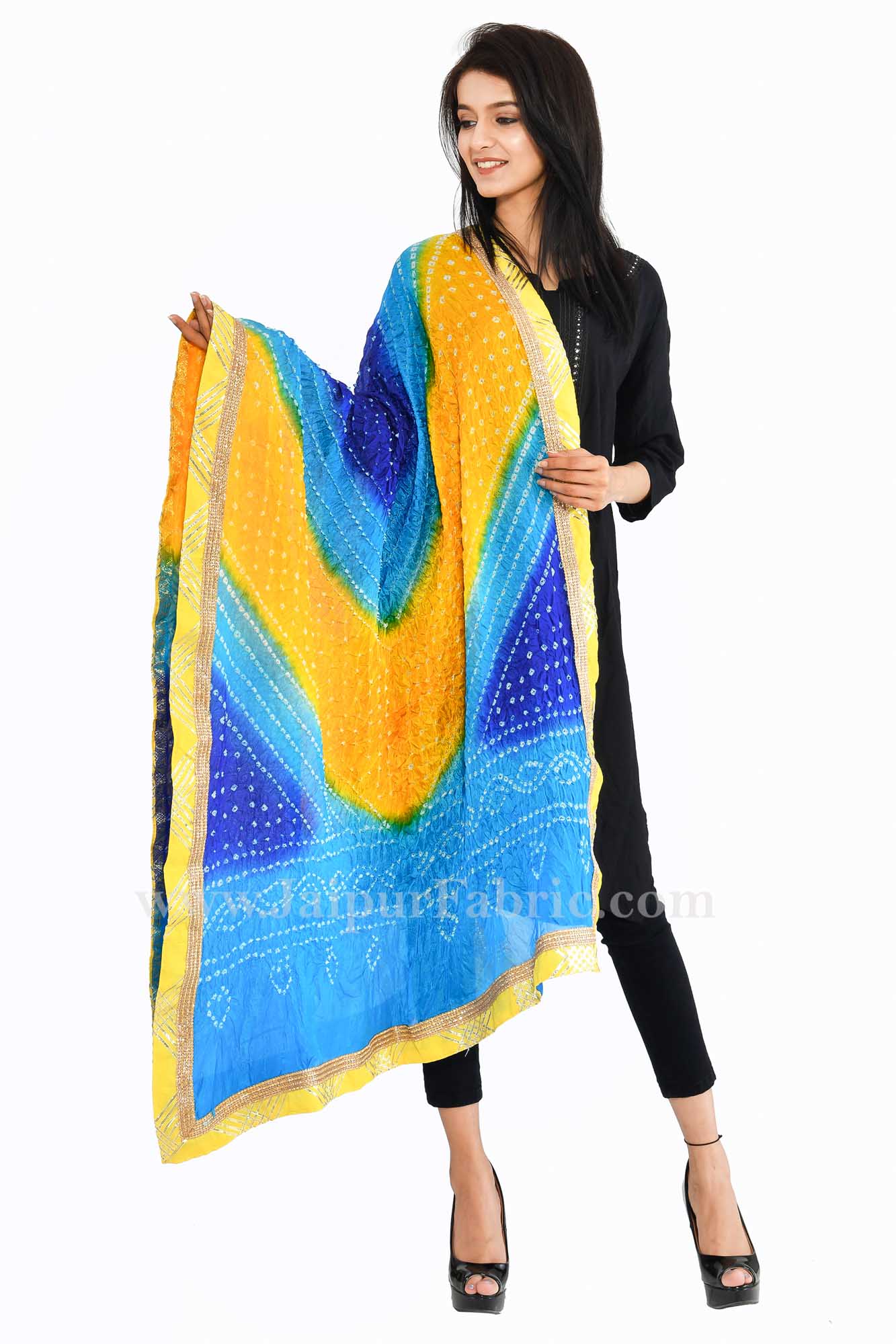 Magji Border Multi color Art silk Jaipuri Rajasthani Bandhni Bandhej Multi-Colored Heavy Dupatta Chunni