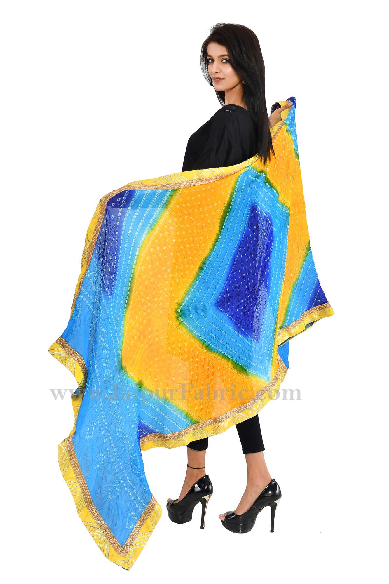 Magji Border Multi color Art silk Jaipuri Rajasthani Bandhni Bandhej Multi-Colored Heavy Dupatta Chunni