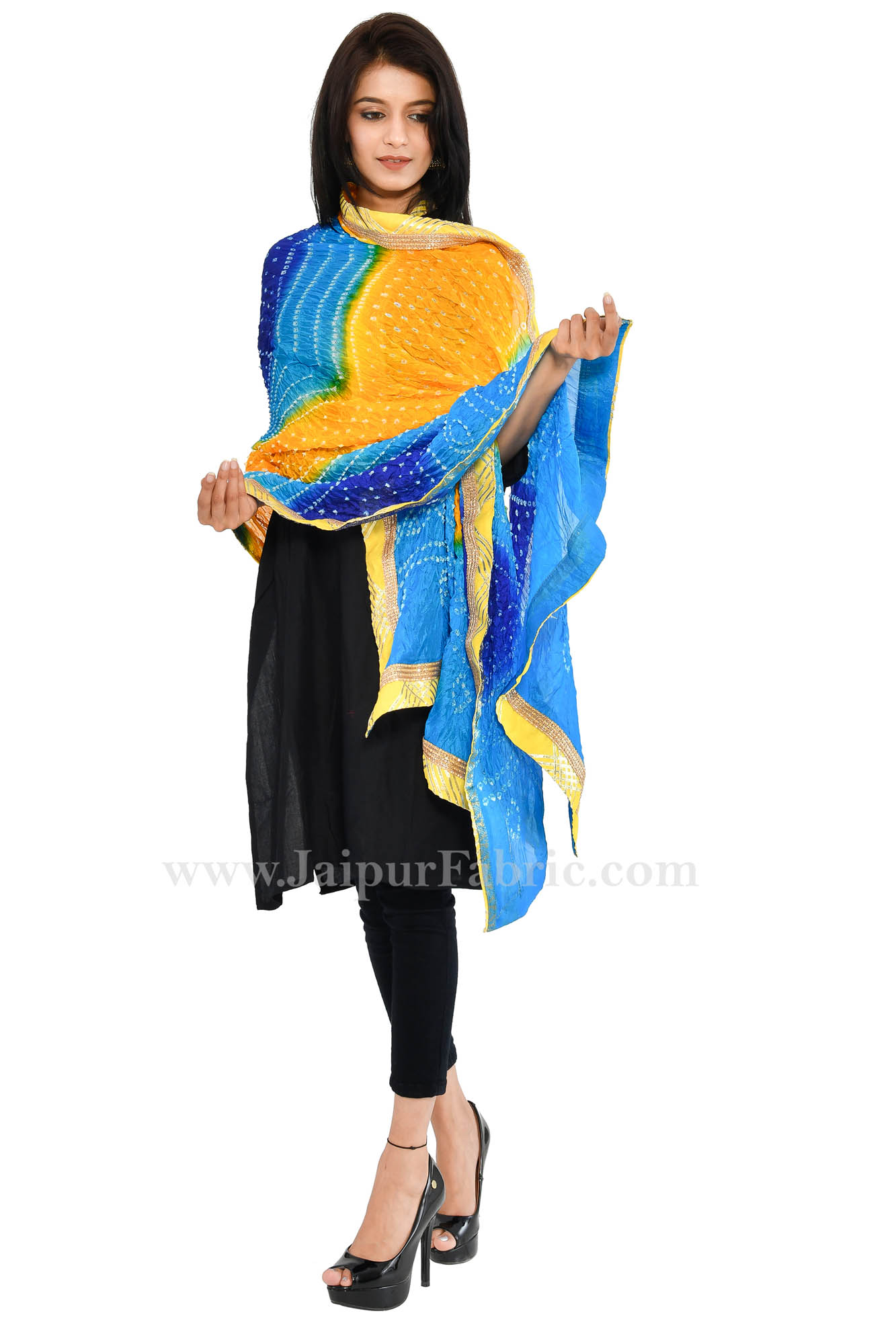 Magji Border Multi color Art silk Jaipuri Rajasthani Bandhni Bandhej Multi-Colored Heavy Dupatta Chunni